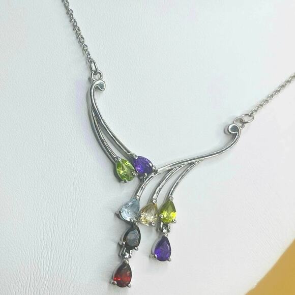 Multi Gemstone Necklace 18” in Stainless Steel 3.35 ctw - Picture 1 of 9